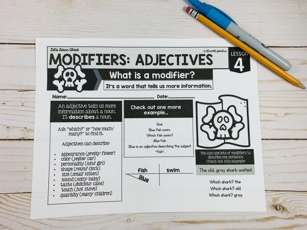 This image shows an adjectives grammar worksheet for second grade students in speech therapy or special education