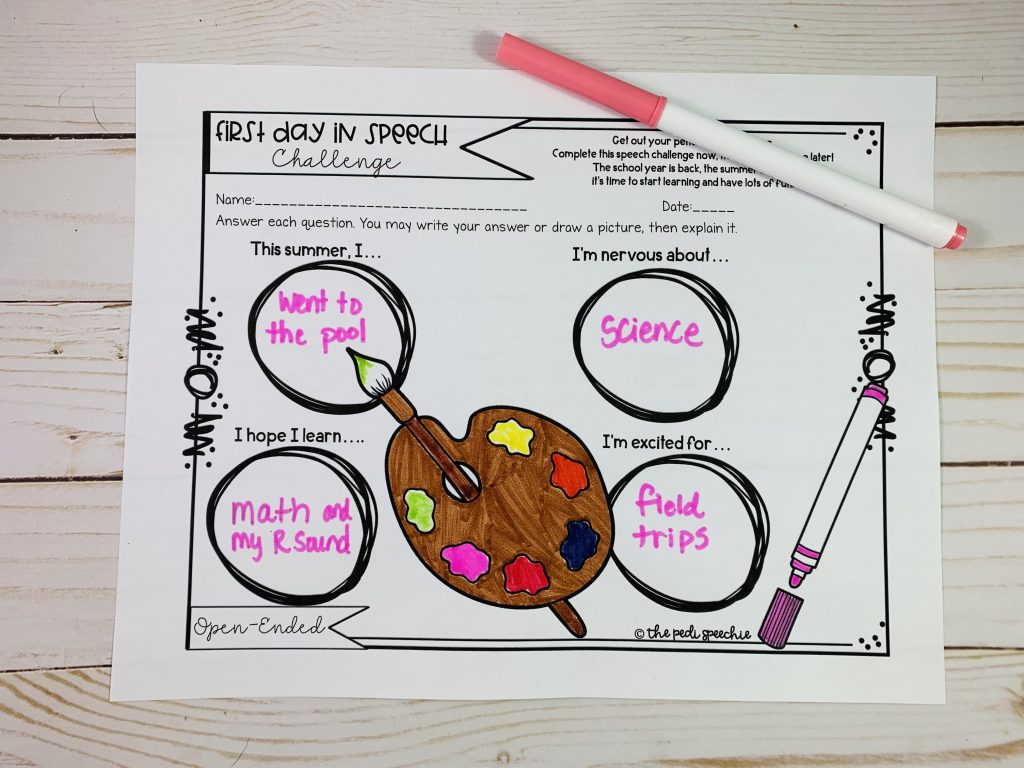 This picture shows a first day in speech therapy worksheet that could be used at the beginning of the school year in a speech and language therapy session.