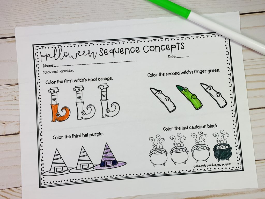 This picture shows a Halloween speech therapy following directions activity to target sequence concepts