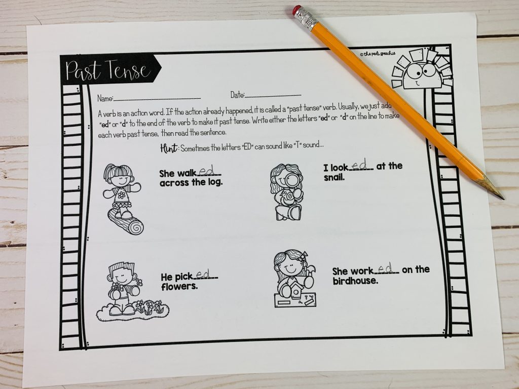 This picture shows a regular past tense verbs worksheet that could be used during a speech therapy session. It has a spring theme.