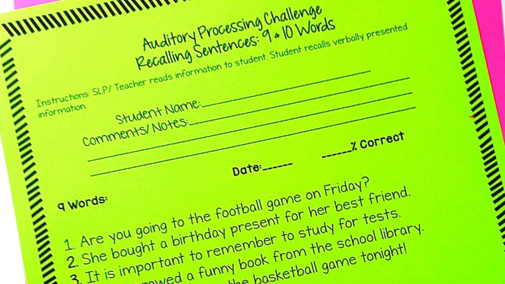 This is an auditory processing worksheet for speech therapy. It targets sentence recall for auditory memory.