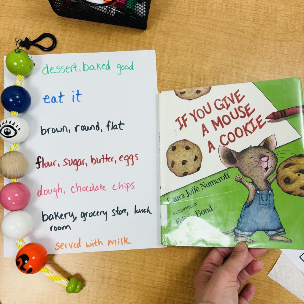 This picture shows the book If You Give a Mouse a Cookie by Laura Numeroff paired with a describing activity for speech therapy using the EET (Expanding Expression Toolkit)