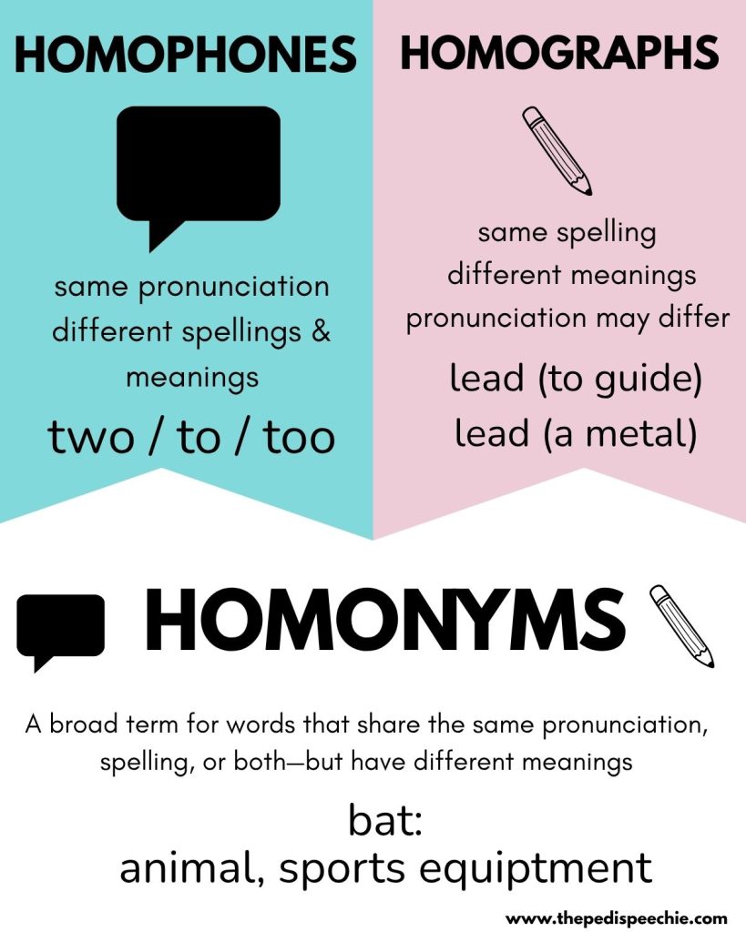 This image answers the question, "What's the difference between homonyms, homophones, and homographs?"