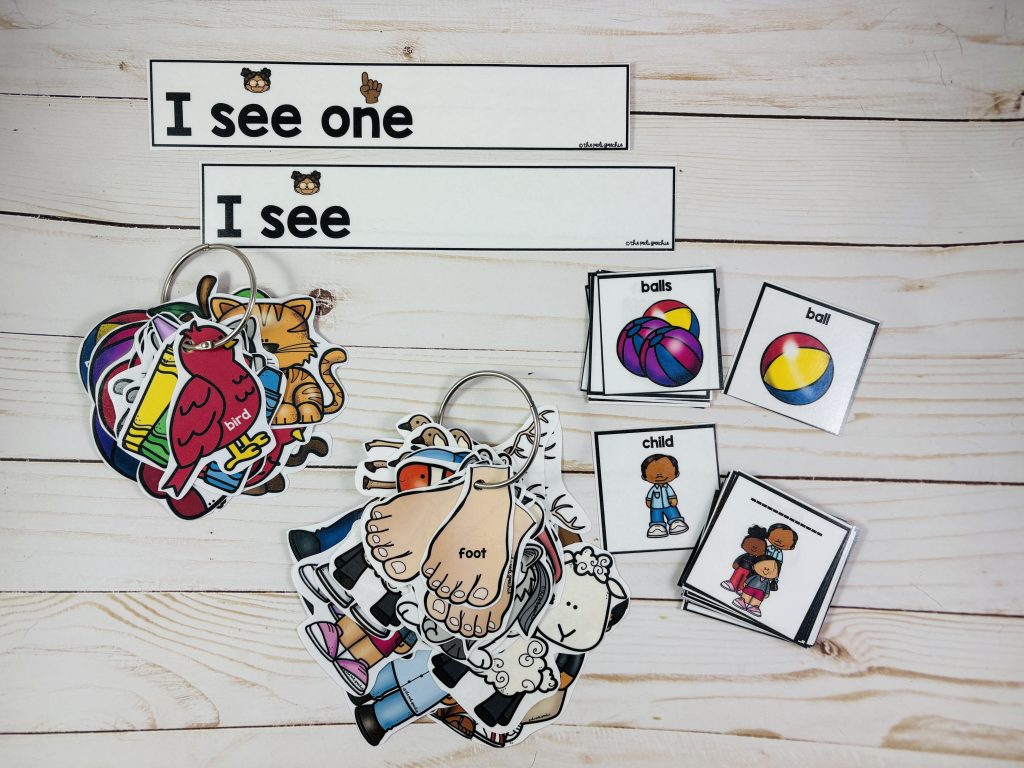 This picture shows regular plural noun and irregular plural noun activities for speech therapy and education (preschool, kindergarten, first grade, second grade, grammar activities)
