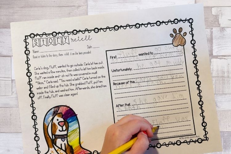 Story retell worksheet for targeting narrative language goals in speech therapy