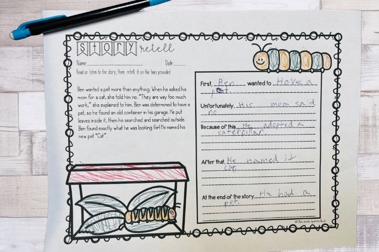 This is a story retell worksheet- retell a story containing all important details using sentence starters, for elementary students