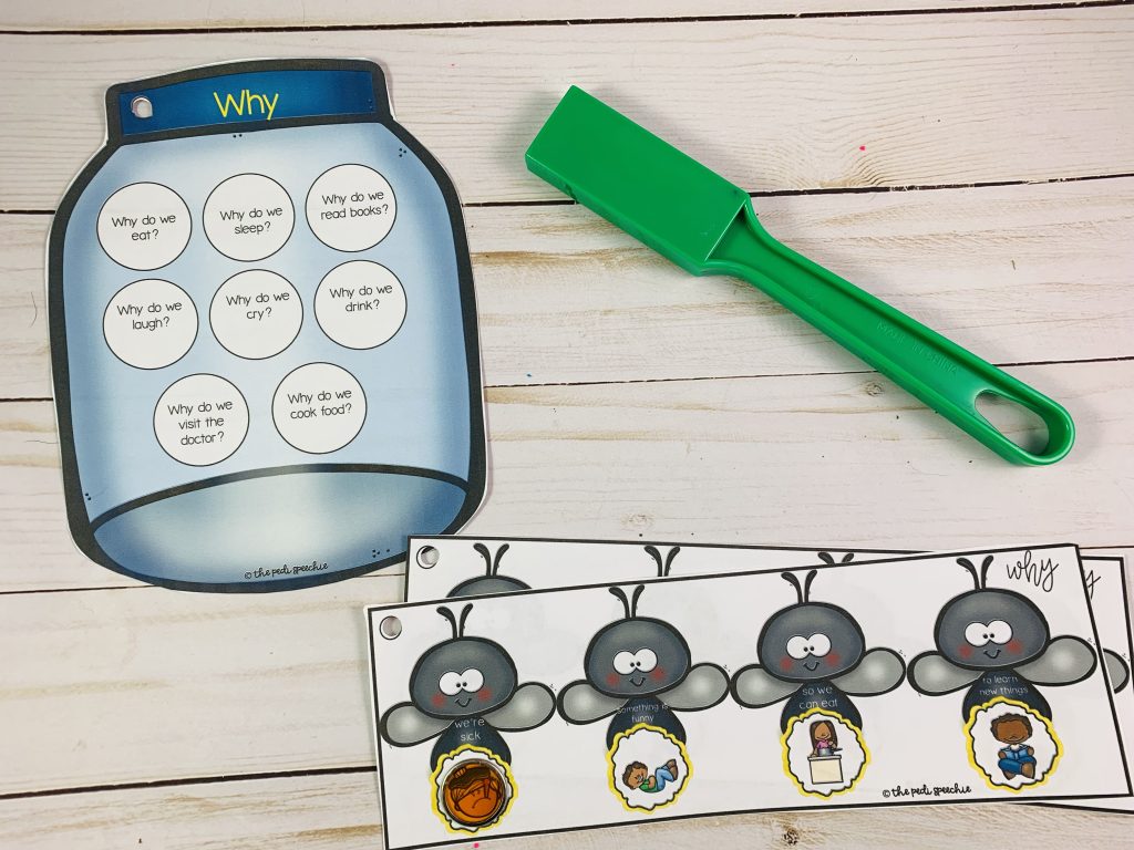 This picture shows a wh questions activity for speech therapy that speech-language pathologists can use with preschool students